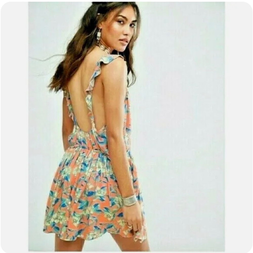 Free People Dear You Mini Dress Orange Floral Ruffle Open Back Size 4